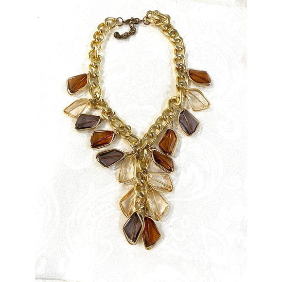 Chunky gold color necklace with amber smoky white color charms - Picture 1 of 4